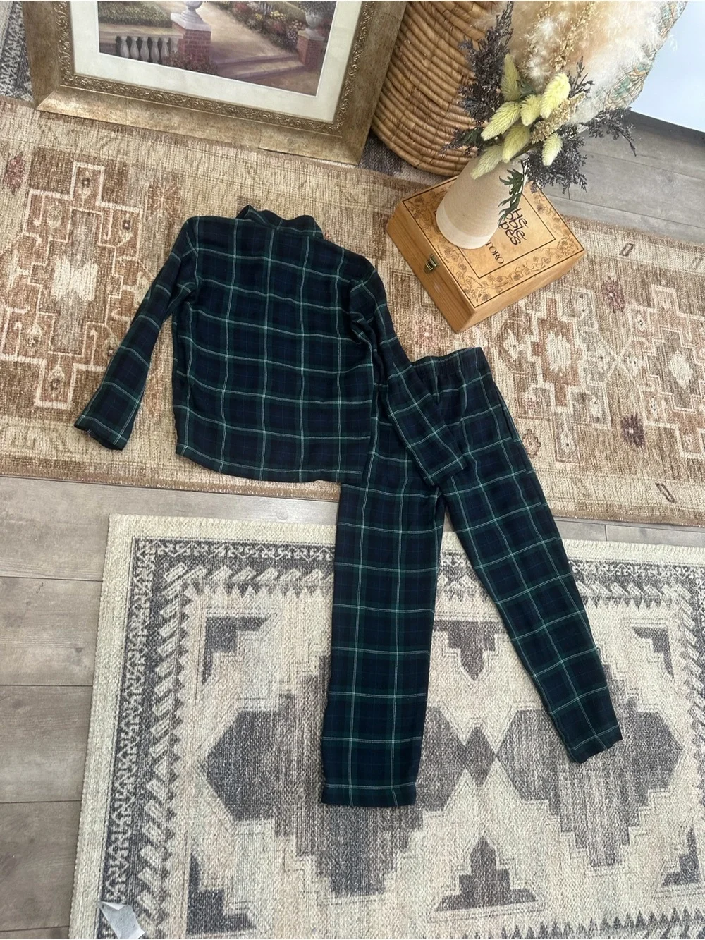Old Navy Navy Green Plaid Kids Pajama Set Gender-Neutral Button-Front Size Mediu